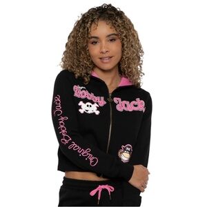 Bobby Jack Black Pink Surrender Your Booty Embroidered Logo Cropped Hoodie Sz S
